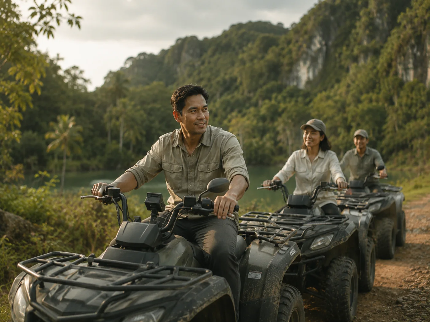 A professionally supervised scenic ATV group on a designated trail near Telaga Tujuh