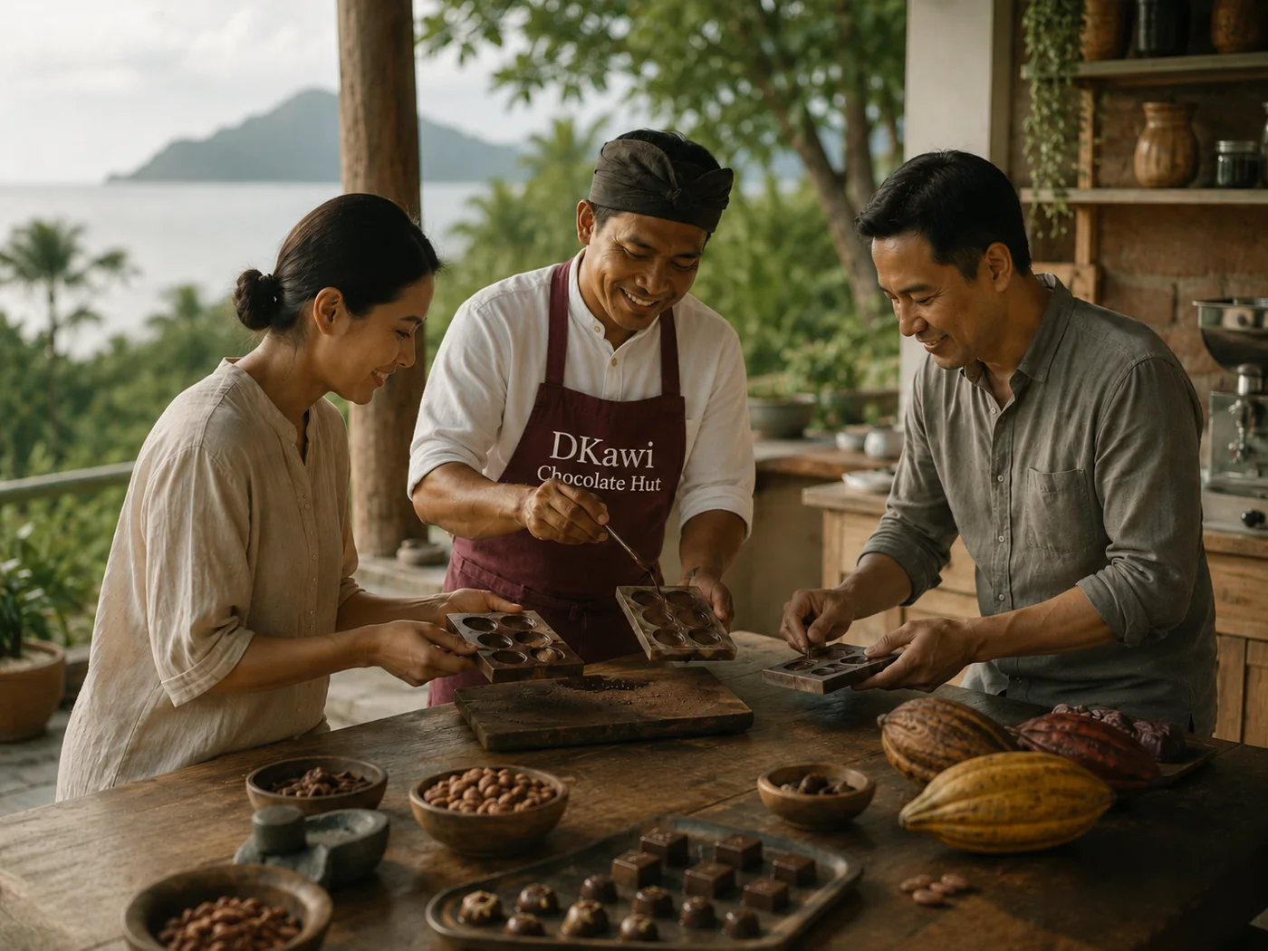 Participants making handcrafted chocolate with a local chocolatier wearing a DKawi Chocolate Hut apron