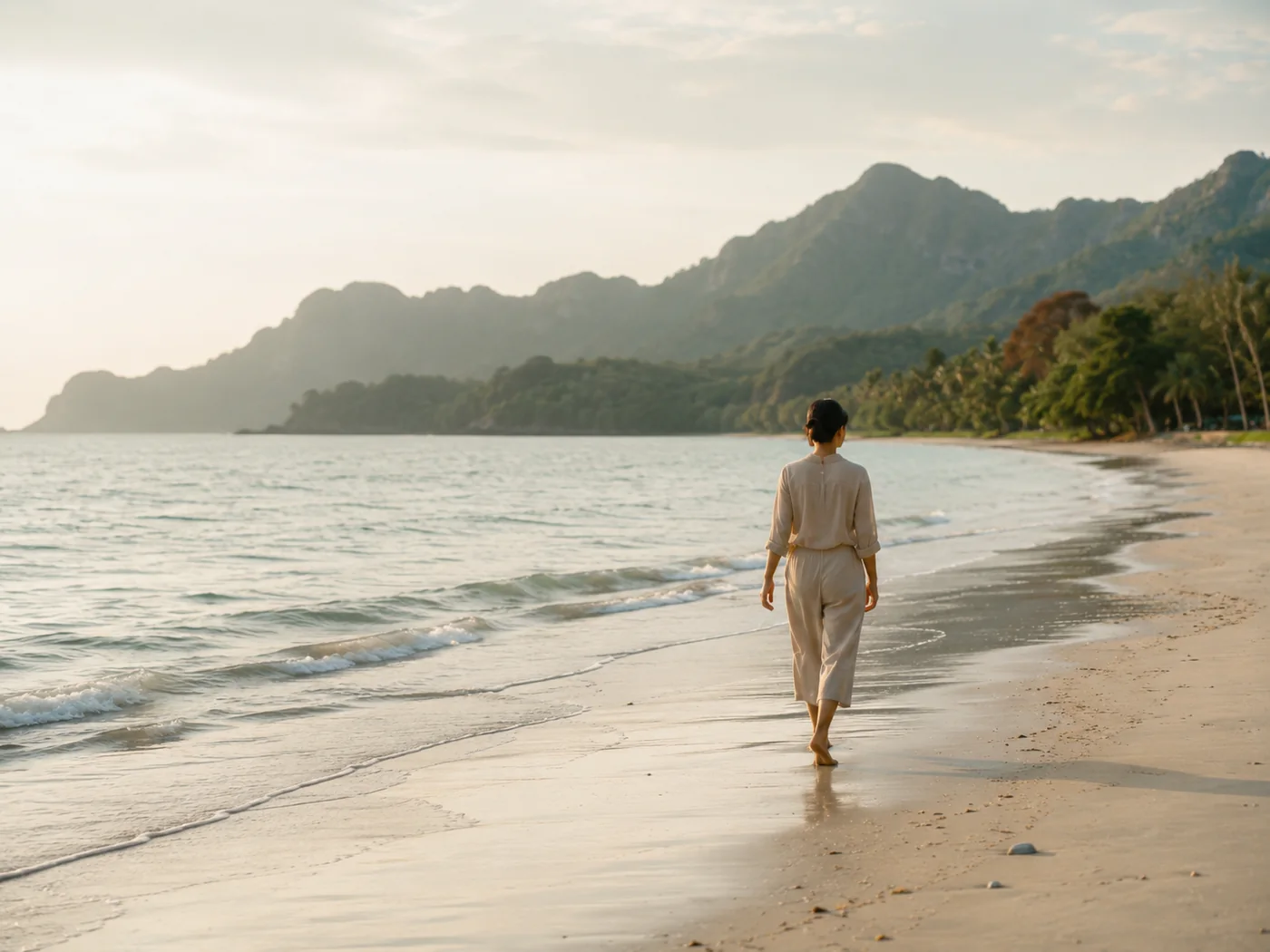 A participant walking calmly along a quiet Langkawi shoreline