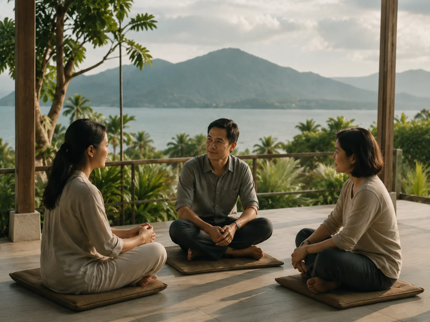 A small group in a guided conversation overlooking Langkawi's natural landscape