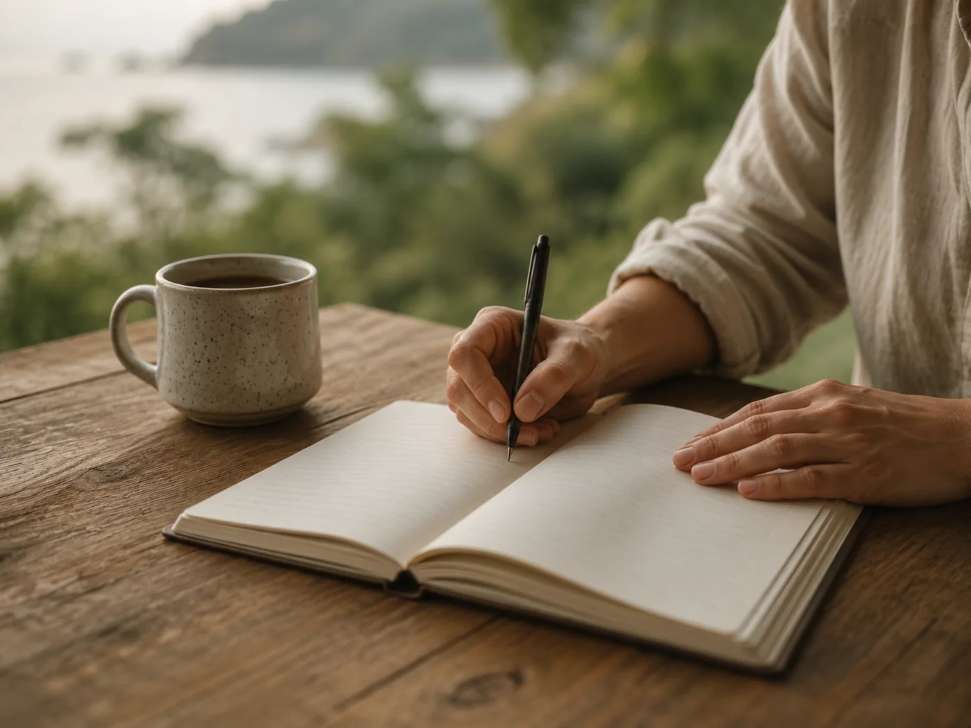 Hands writing a personal reflection in a notebook
