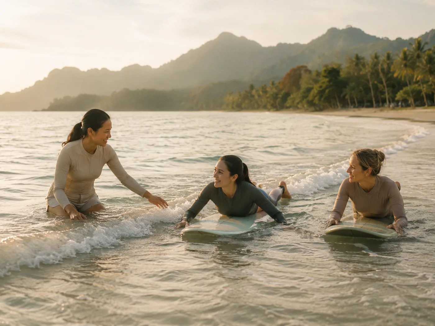 A professionally guided beginner surfing session in calm water at Pantai Tengah